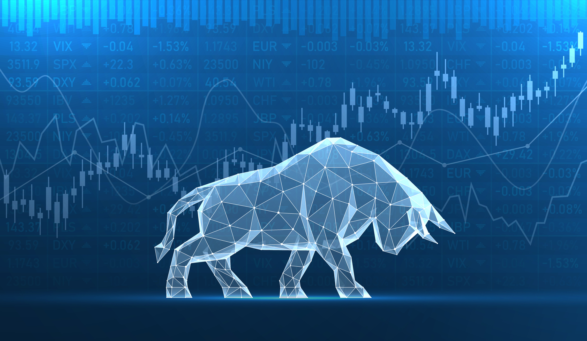 Glass bull on a background of stock quotes