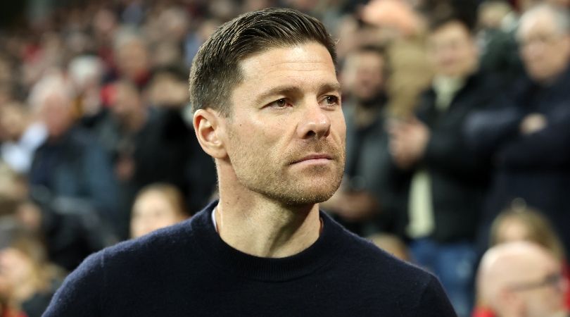 Former Liverpool midfielder Xabi Alonso looks on ahead of Bayer Leverkusen&#039;s Europa League clash against Qarabag in March 2024.