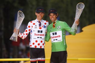 Warren Barguil and Michael Matthews (Team Sunweb) on the podium as the mountain and sprint classification winners