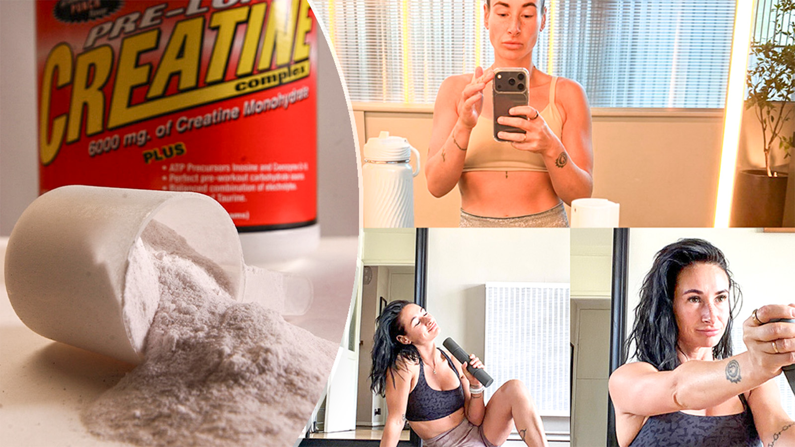 Left image, creatine tub with powder on table; top image, Sam in the mirror after workout; bottom image, Sam posing with dumbbell during workout at home