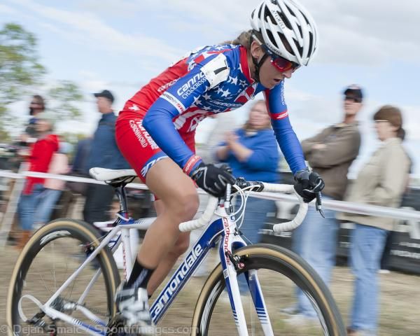 Kaitlin Antonneau (Cannondale p/b CyclocrossWorld.com) following close behind Duke during the first lap of the race