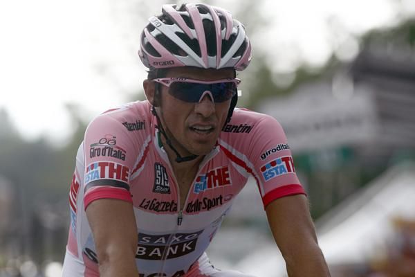 Race leader Alberto Contador at the finish line in Nevegal.