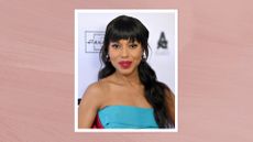 Kerry Washington is pictured with a fringe and wearing a berry-red lipstick at the "Shadow Force" Marquee Presentation during the 2025 Annual Atlanta Film Festival at Plaza Theatre on April 27, 2025 in Atlanta, Georgia/ in a pink template