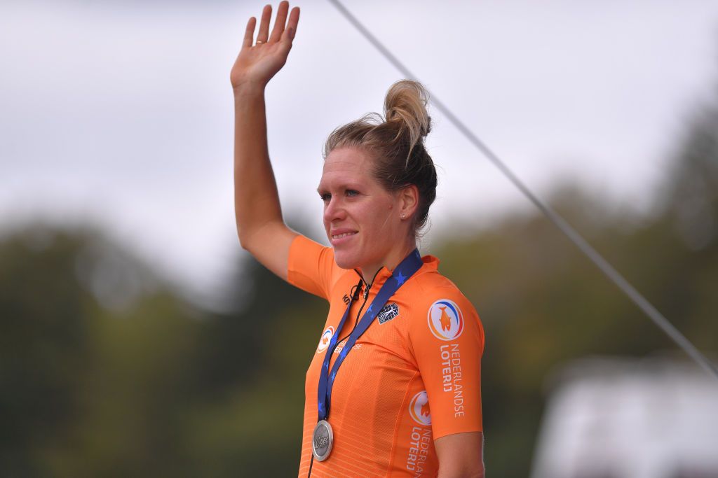 PLOUAY FRANCE AUGUST 24 Podium Ellen Van Dijk of Netherlands Silver Medal Celebration during the 26th UEC Road European Championships 2020 Womens Elite Individual Time Trial a 256km race from Plouay to Plouay ITT UECcycling EuroRoad20 on August 24 2020 in Plouay France Photo by Luc ClaessenGetty Images