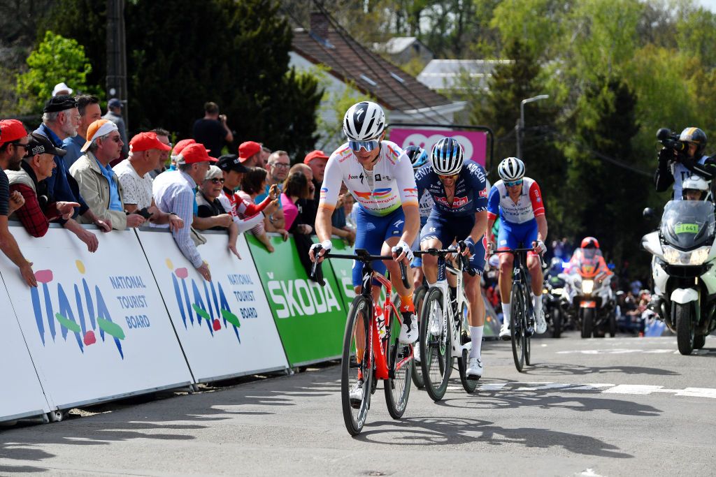 HUY BELGIUM APRIL 20 Valentin Ferron of France and Team Total Energies competes passing through the Wall of Geraardsbergen Mur de Huy 204m during the 25th La Flche Wallonne 2022 Womens Elite a 1334km one day race from Huy to Mur de Huy FlecheWallonne FWwomen on April 20 2022 in Huy Belgium Photo by Luc ClaessenGetty Images