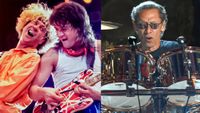 LEFT: Sammy Hagar and Eddie Van Halen onstage at the Rosemont Horizon, Rosemont, Illinois, March 15, 1986. RIGHT: Alex Van Halen of Van Halen performs during the 2015 Billboard Music Awards at MGM Grand Garden Arena on May 17, 2015 in Las Vegas