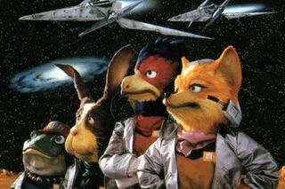 From left to right, Slippy, Peppy, Falco, and Fox gaze into the middle distance with a space vista in the background.