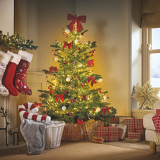 Aldi real christmas tree decorated in a cosy living room.