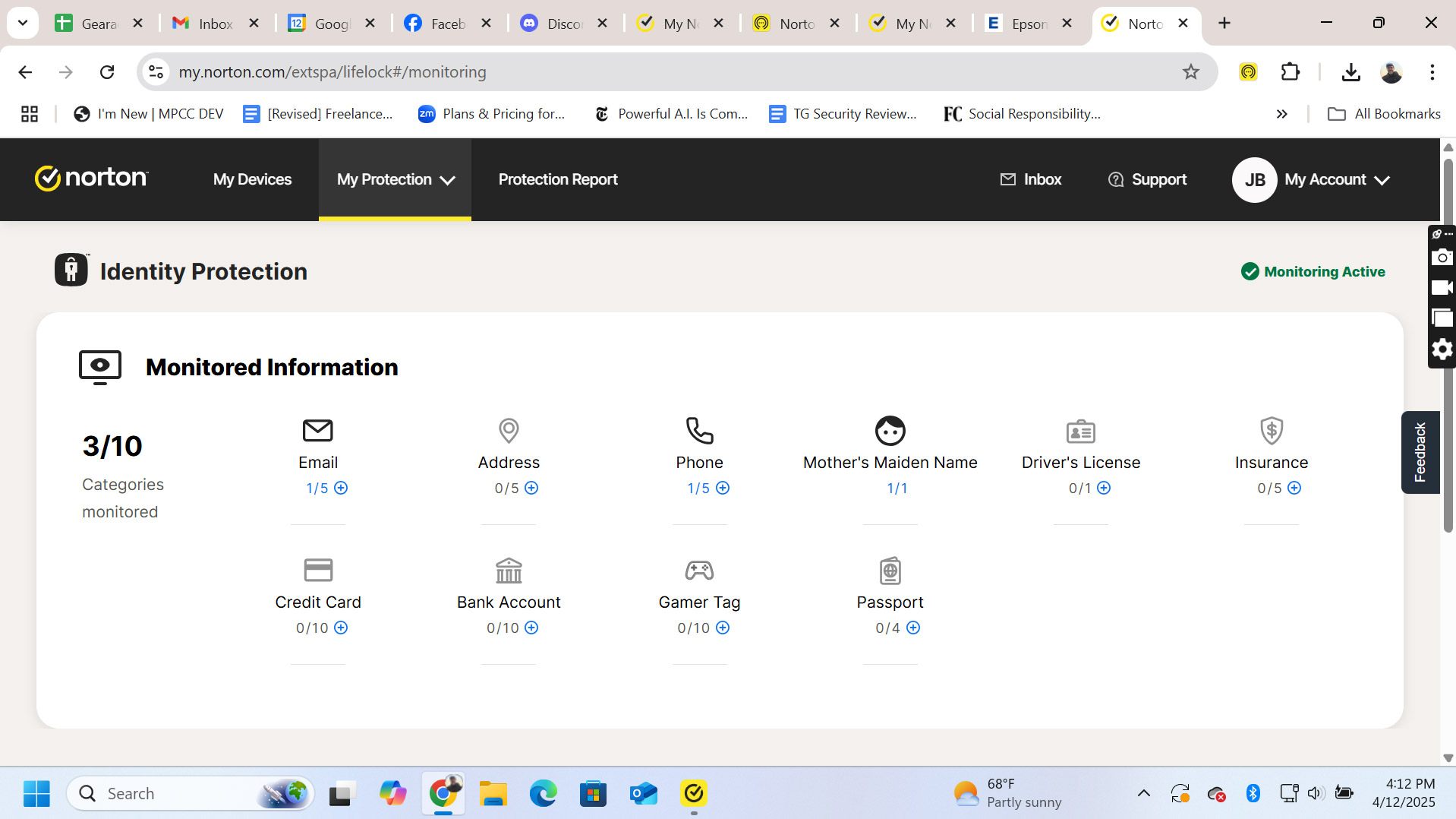 A screenshot of the Norton 360 Deluxe identity protection interface.