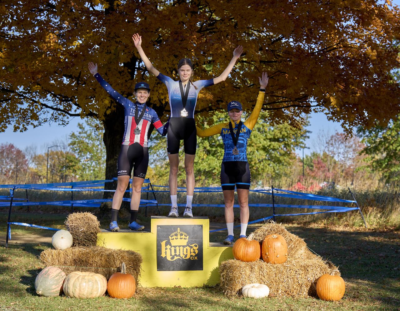 Elite women's podium at Kings CX UCI C2 (L to R): Clara Honsinger second, winner Isabella Holmgren and Lizzy Gunsalus third Cyclocross competition in Mason, Ohio, USA on October 21, 2023. (Photo By Bill Schieken/CXHAIRS Media)