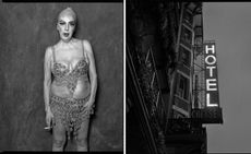 From ‘Tony Notarberardino: Chelsea Hotel Portraits, 1994-2010’ exhibition, black and white portrait of performer in jewelled costume smoking, and photo of hotel sign