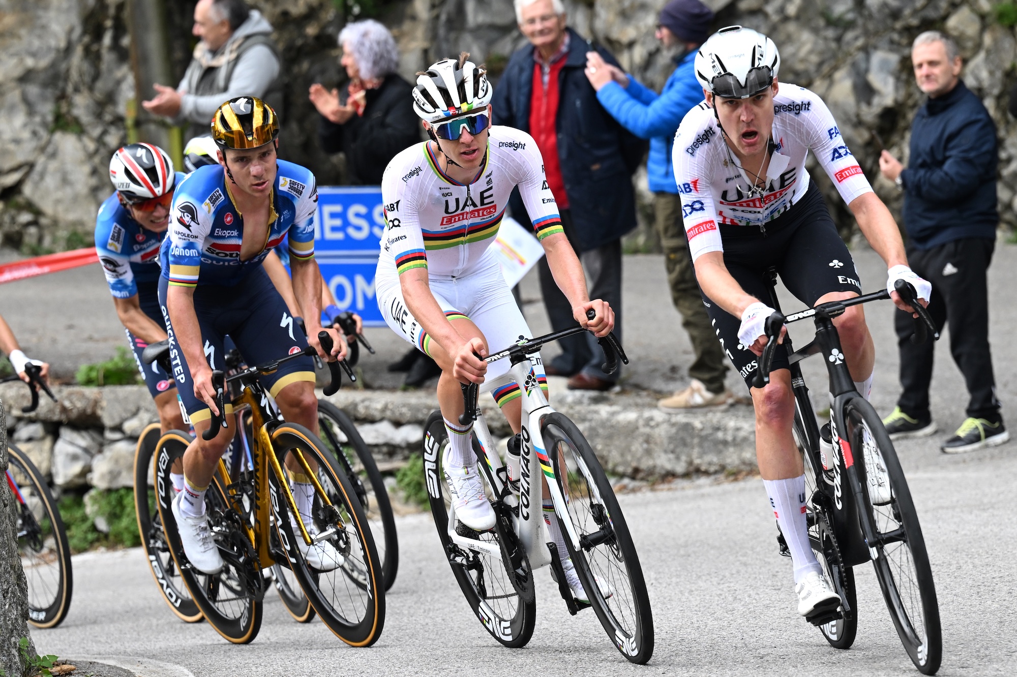 COMO, ITALY - OCTOBER 12: (L-R) Remco Evenepoel of Belgium and Team Soudal Quick-Step, Tadej Pogacar of Slovenia and Pavel Sivakov of Russia and UAE Team Emirates compete during the 118th Il Lombardia 2024 a 255km one day race from Bergamo to Como / #UCIWT / on October 12, 2024 in Como, Italy. (Photo by Tim de Waele/Getty Images)