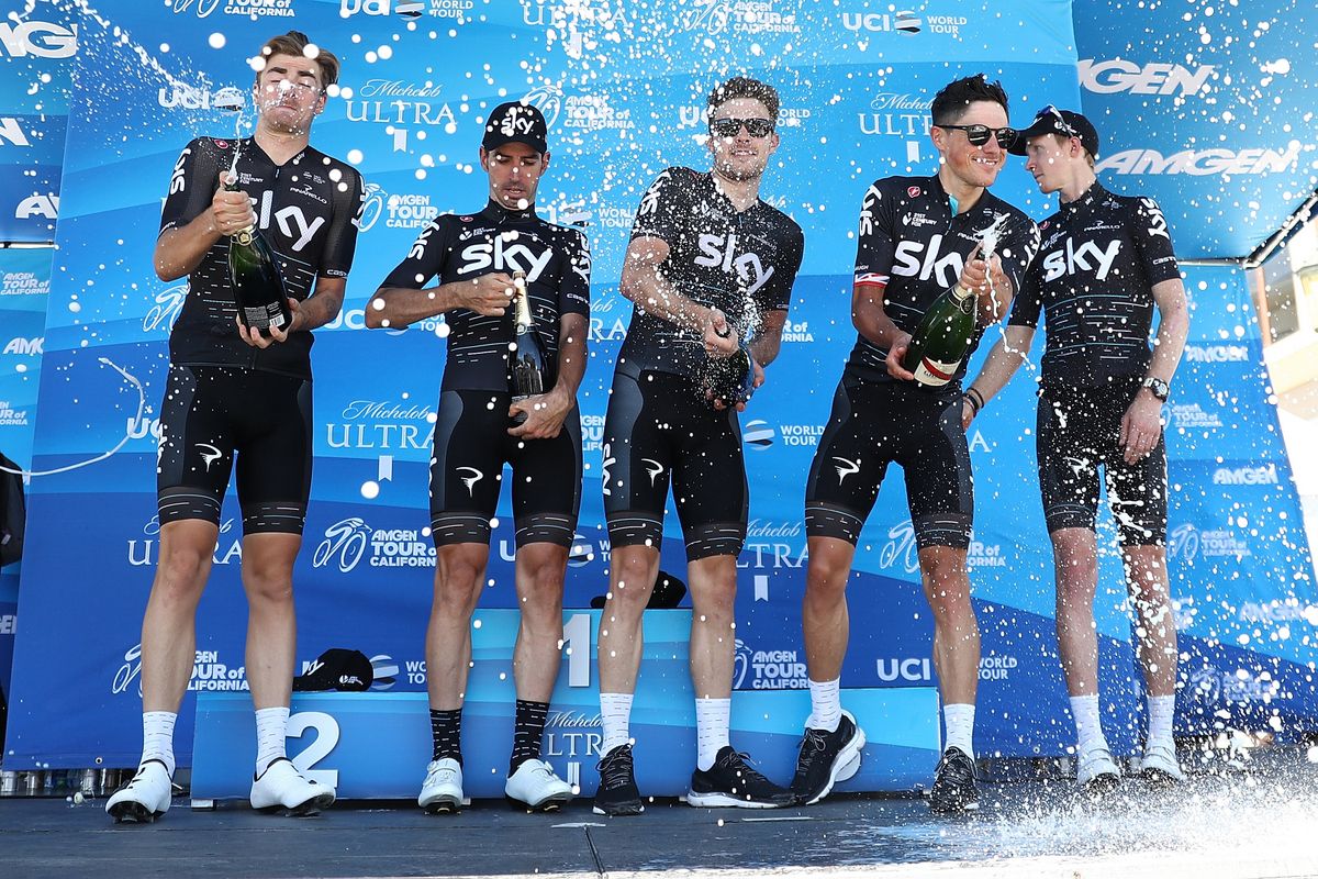 Team Sky celebrate winning the team classification