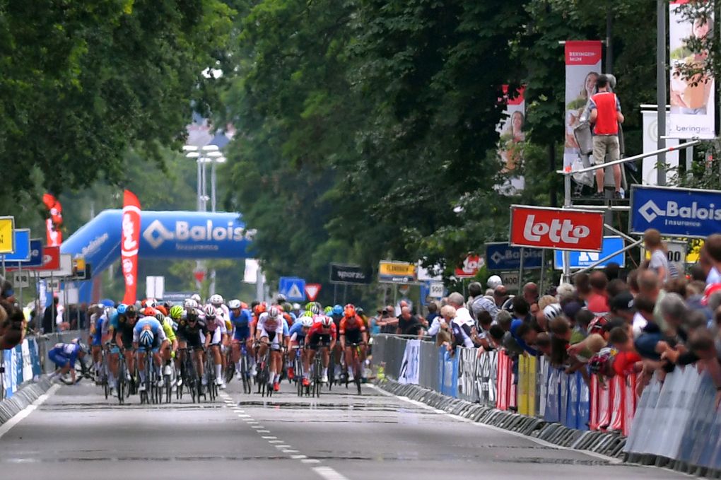Sprinters bear down on the line during stage 5 at the Belgium Tour