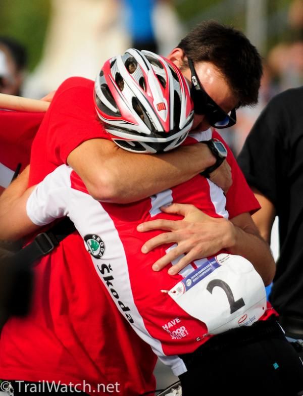 Mathias Fluckiger (Switzerland) is congratulated by his team