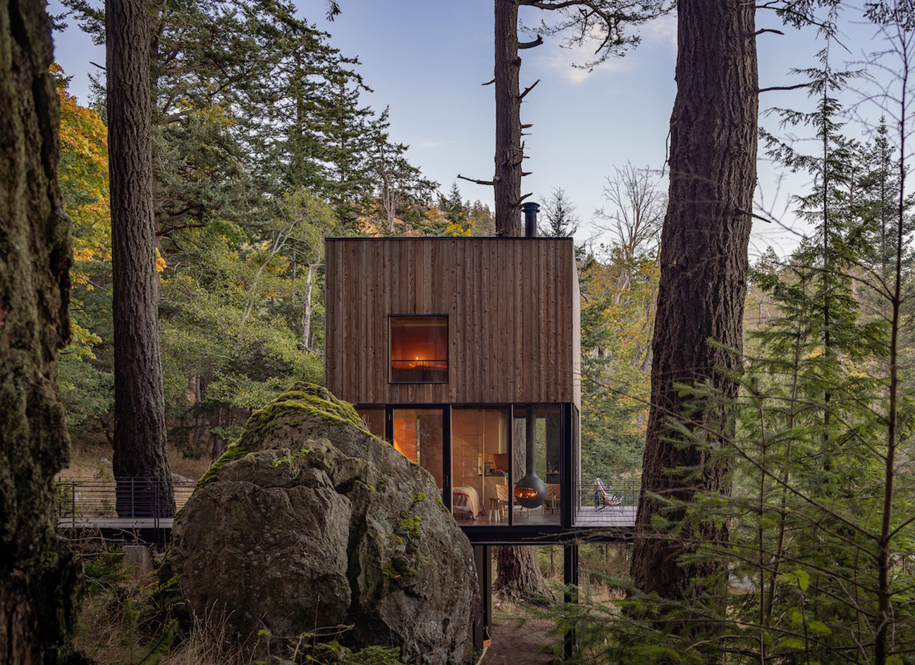 Blakely Island Cabin, a boxy structure raised on stilts above tree canopy in washington state forest