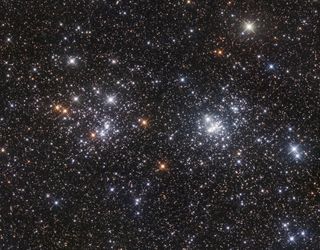 The Double Cluster, known since ancient times, is a beautiful sight in binoculars and low-power telescopes. Located in the sky between Perseus and Cassiopeia, the hundreds of hot young stars are 7,000 light-years away. The contrast between the clusters and the golden foreground stars is apparent in this September 2016 long-exposure image by Ron Brecher of Guelph, Ontario.