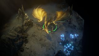 A gold dragon in a cave
