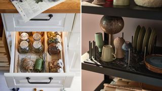 Home organization ideas showing internal kitchen drawer storage and shelf organizing tools