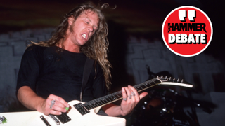 James Hetfield performing onstage with metallica in 1986, with a logo that says HAMMER DEBATE in-set