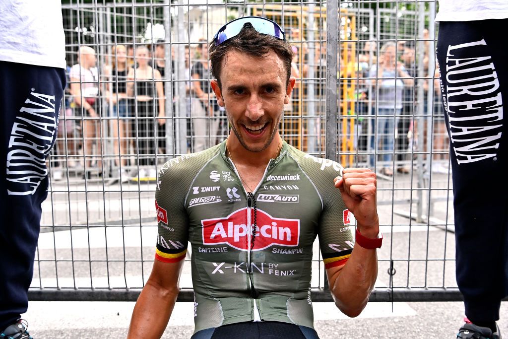 TREVISO, ITALY - MAY 26:Dries De Bondt of Belgium and Team Alpecin - Fenix celebrates winning during the 105th Giro d'Italia 2022, Stage 18 a 156km stage from Borgo Valsugana to Treviso / #Giro / #WorldTour / on May 26, 2022 in Treviso, Italy. (Photo by Tim de Waele/Getty Images)