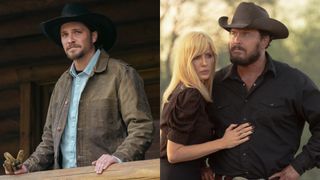 From left to right: Luke Grimes in Marshals and Kelly Reilly and Cole Hauser standing together in Dutton Ranch. 