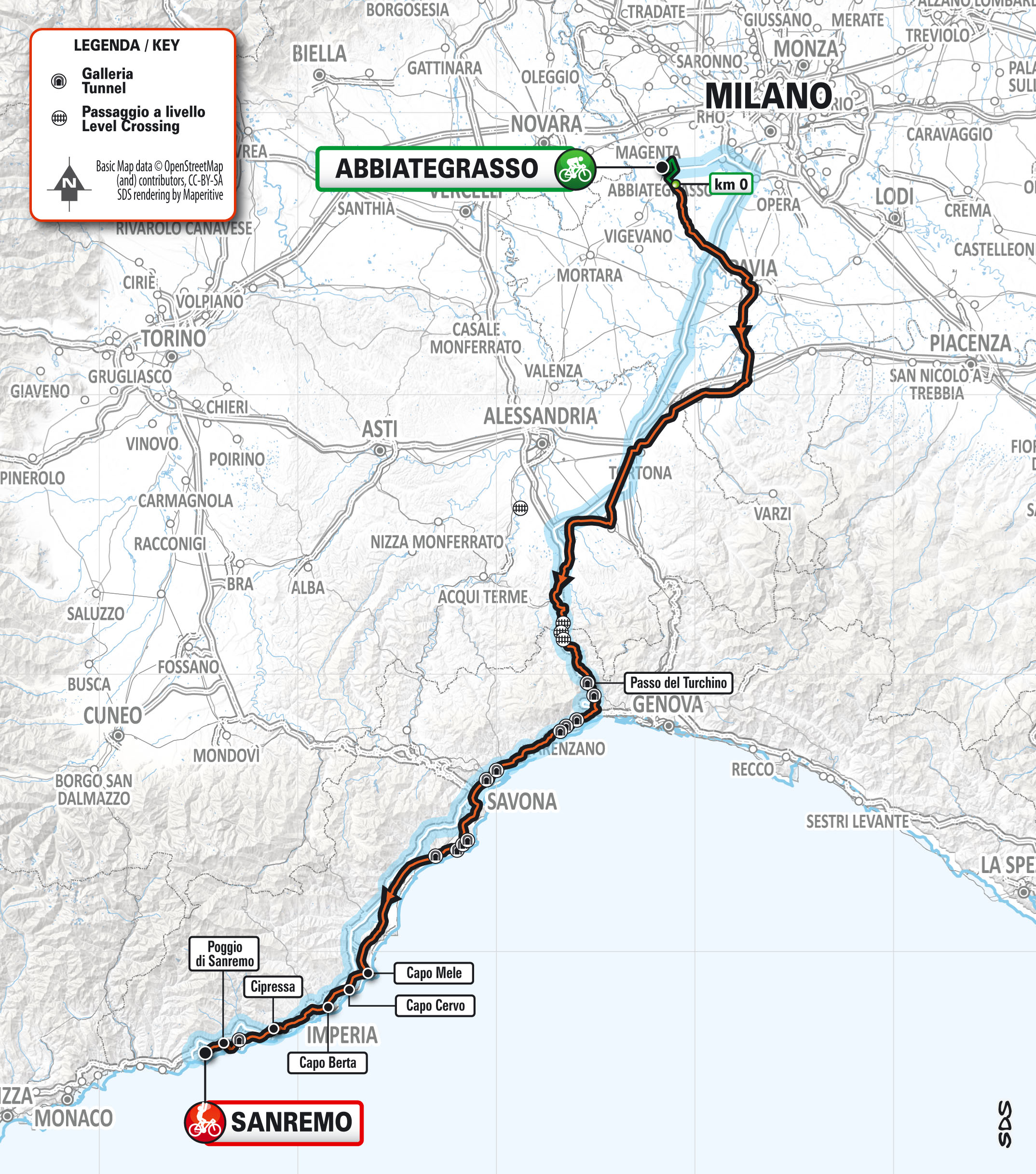 The route of the 2023 Milan-San Remo