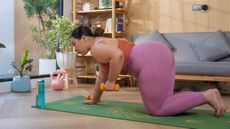 A woman performs a dumbbell row in a tabletop position at home on a yoga mat. She is kneeling on the mat, with her knees and toes touching it. Her torso is parallel to the ground and her right arm is extended, hand flat on the ground. Her left hand grasps a light dumbbell and her elbow is bent as she rows it up to her side. Behind her we see a couch, a kettlebell several plants and a bookcase filled with decorative items.