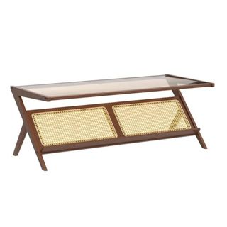 Bamworld Mid-Century Modern Coffee Table With Glass Top Rattan Coffee Table With Storage for Living Room Table Brown