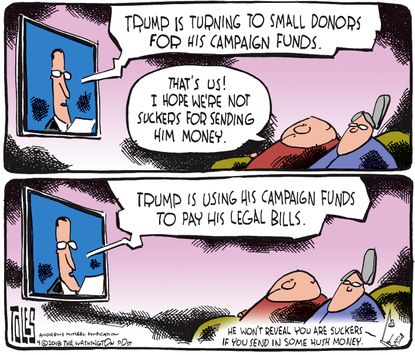 Political cartoon U.S. Trump supporters conservatives campaign donations