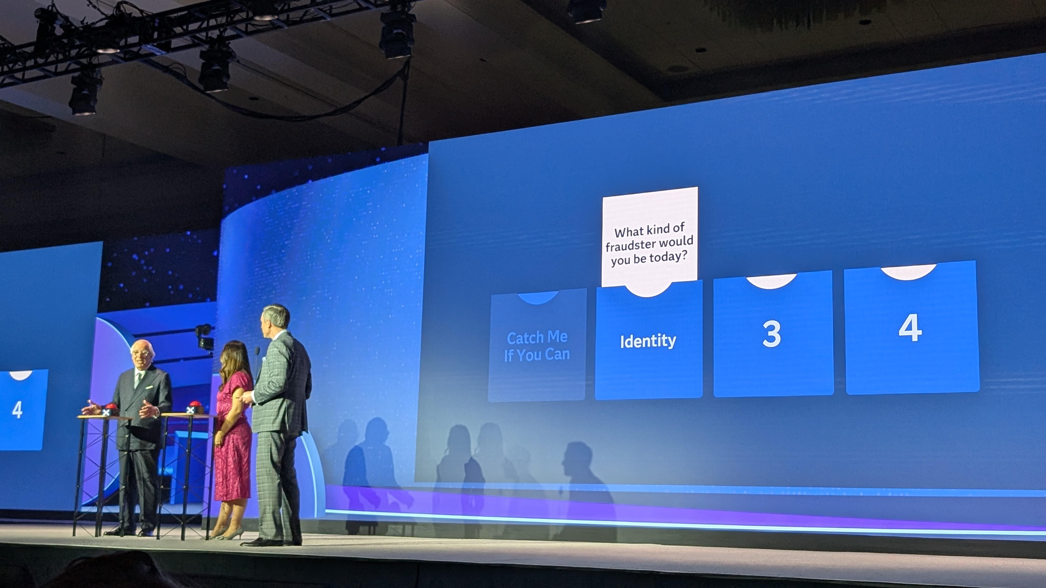 Tatiana Zambrano, head of fraud extraction at Truist and Frank Abagnale, bestselling author and subject of the movie Catch Me If You Can, onstage at SAS Innovate 2025 with Stu Bradley, SVP Risk, Fraud and Compliance at SAS.