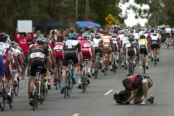 The gap was three minutes and ten seconds as SBS film the peloton on the climb up Mt. Buninyong.