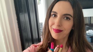 Beauty Editor Stephanie testing a selection of the best pink lipsticks