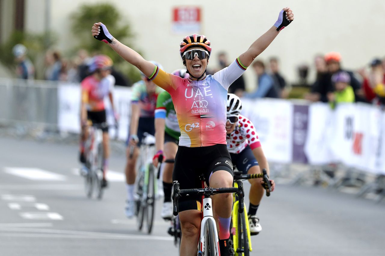 STEINFORT LUXEMBOURG APRIL 30 Marta Bastianelli of Italy and UAE Team ADQ celebrates at finish line as stage winner during the 14th Ceratizit Festival Elsy Jacobs 2022 Stage 1 a 1214km stage from Steinfort to Steinfort felsy on April 30 2022 in Steinfort Luxembourg Photo by Bas CzerwinskiGetty Images