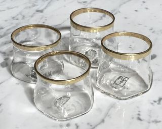 Set of Four Pentagon Rocks Glasses With Gold Lip