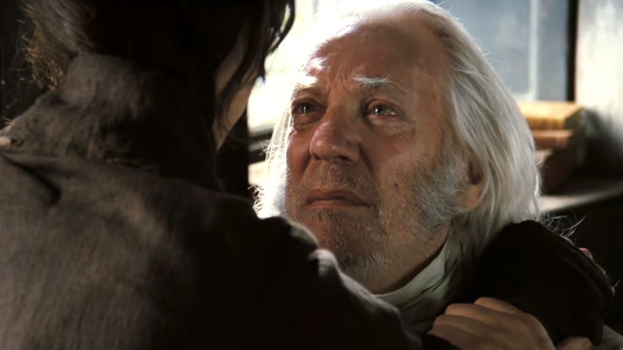 Donald Sutherland as Mr. Bennet looking lovingly at Elizabeth at end of Pride & Prejudice