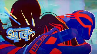 A screenshot of Miles and Spider-Man 2099 with Hindi text in Spider-Man: Across the Spider-Verse
