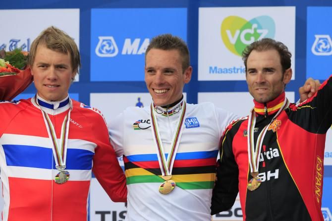 2012 Worlds: Elite men's podium (L-R) Edvald Boasson Hagen (Norway), Philippe Gilbert (Belgium) and Alejandro Valverde (Spain)