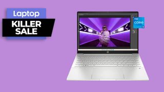 HP Pavilion Plus laptop with purple background and killer sale text