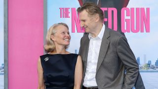 NEW YORK, NEW YORK - JULY 28: (L-R) Pamela Anderson and Liam Neeson attend "The Naked Gun" New York premiere on July 28, 2025 in New York City.
