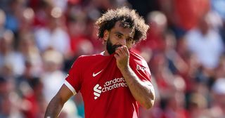 Liverpool star Mohamed Salah reacts during the Premier League match between Liverpool FC and Aston Villa at Anfield on September 03, 2023 in Liverpool, England.