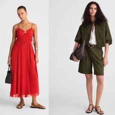 models are wearing madewell clothing. one model is wearing a red dress another is wearing a olive green denim set and the other is wearing a safari green short set.