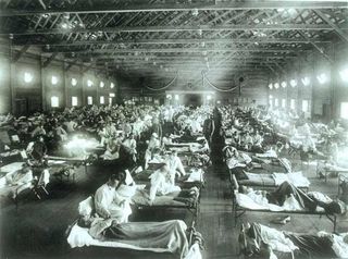 An emergency hospital during 1918 influenza epidemic, in Camp Funston, Kansas.