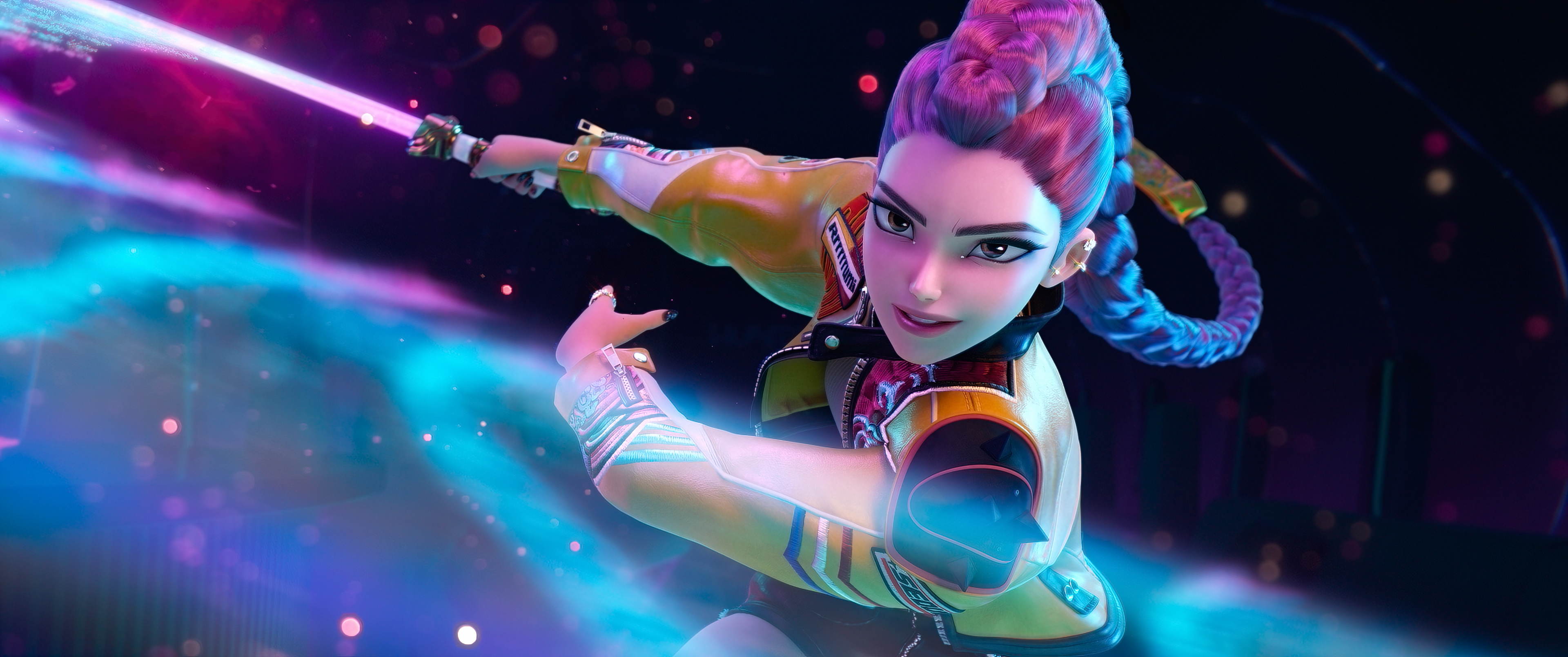 A woman (Rumi) swings a sword, in the animated movie 'KPop Demon Hunters.'