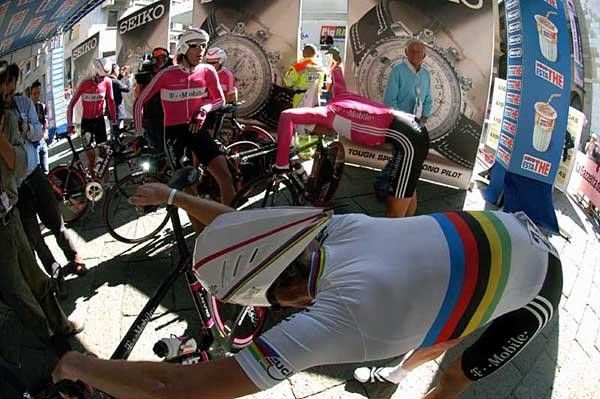 T-Mobile's Michael Rogers limbers up before the time trial