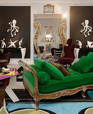 In foreground from left, 'Table tableau', by Vincent Darré; chaise longue 'récamier', from the Napoleon III era; and 'Conversation' armchair, by Vincent Darré, for Maison Darré, upholstered in Pierre Frey velor of mohair