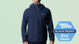 Columbia Omni-Dry shell jacket in navy with blue backdrop and Black Friday deal badge bottom right