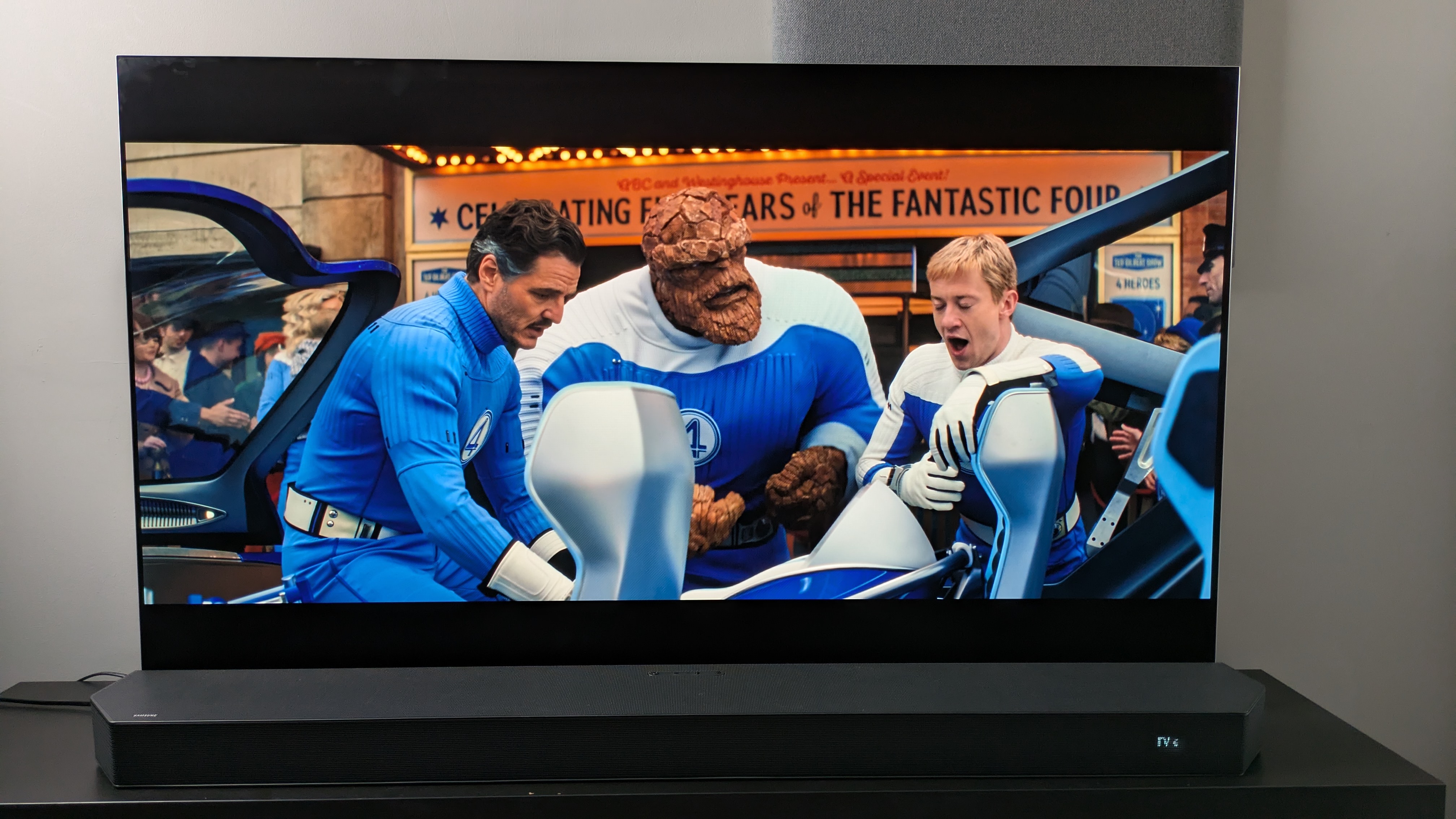 Shot of The Thing, Mr Fantastic and Human Torch by a car from the The Fantastic Four: First Steps 4K Blu-ray on LG G5 screen