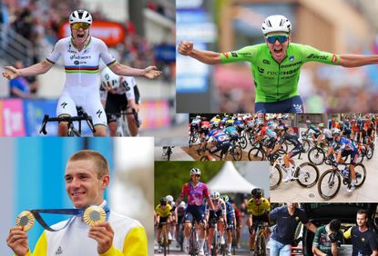 Clockwise: Lotte Kopecky wins Paris-Roubaix, Tadej Pogačar wins the World Championships, the Vuelta begins in a supermarket, Wout van Aert leaves the Vuelta a España, Lorena Wiebes celebrates early at the Amstel Gold Race, and Remco Evenepoel with his two gold medals