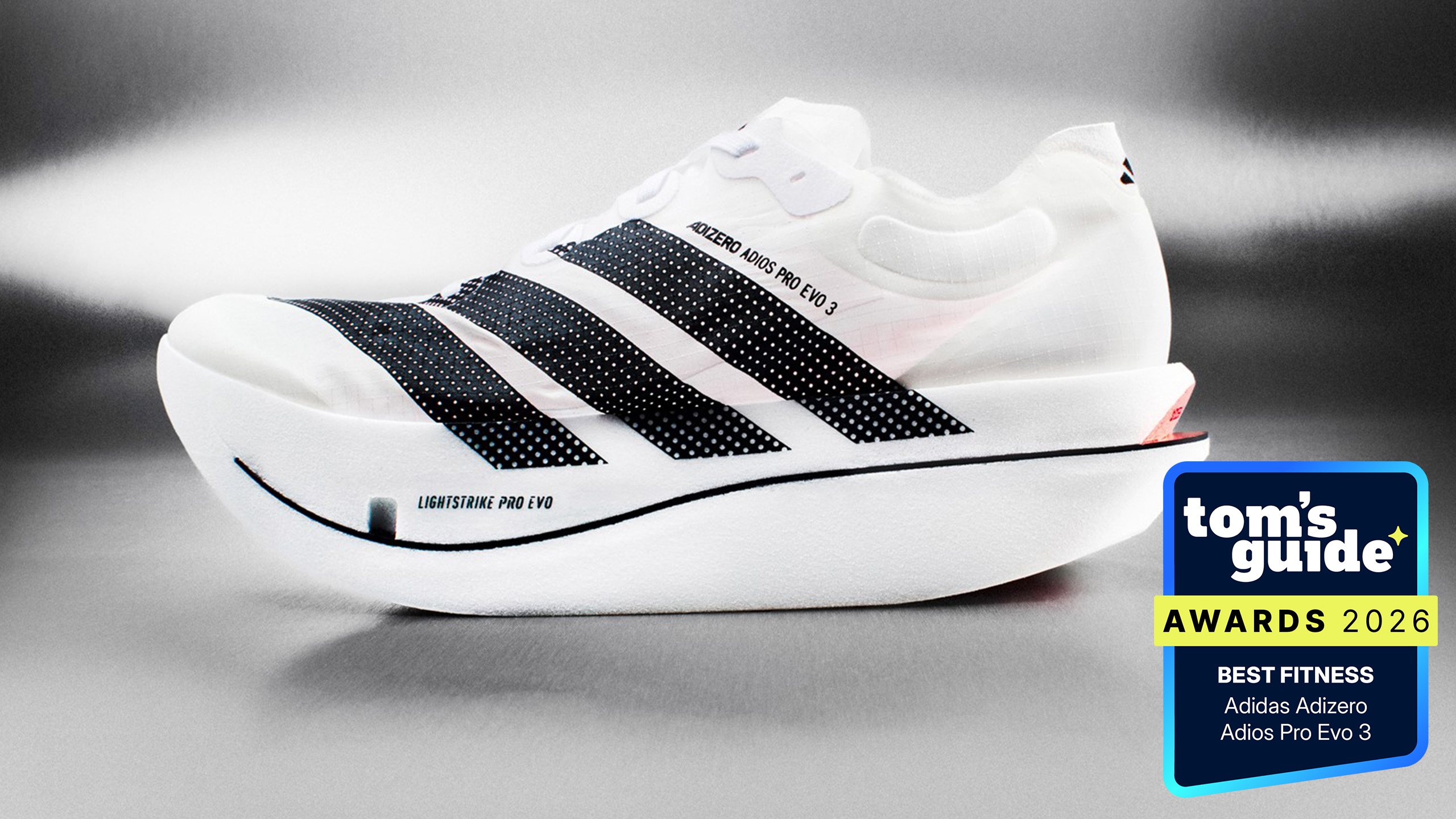 The Adidas Adizero Adios Pro Evo 3 with a TG Awards 2026 badge